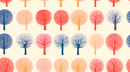 risograph-style prints featuring stylized trees on vibrant, multicolored backgrounds, seamless pattern