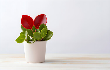 Green home plant on white pot on white wooden table over white background
