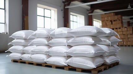 Rows or stacks of white sack bags at large warehouse in modern factory. Packacing in factory or warehouse