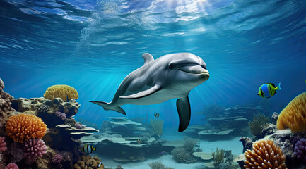 cute dolphin swims in the ocean with coral