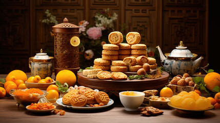 Fototapeta na wymiar Mango Bliss Mooncake Delight, A Sweet Symphony of Chinese Elegance and Mango Pudding