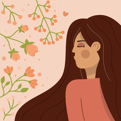 Vector illustration of a woman with long hair and flowers, Women's Day, peach color