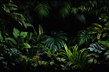 Tropical rainforest foliage plants bushes (ferns, palm, philodendrons and tropic plants leaves) in tropical garden on black background, green variegated leaves pattern nature frame forest background