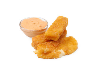 Tasty fried mozzarella sticks and sauce isolated on white