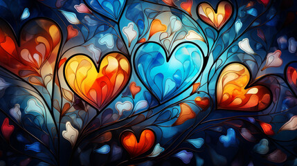 Stained glass window background with colorful Leaf and Heart abstract. Valentine day concept.