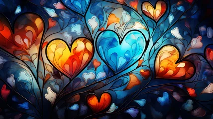 Poster Coloré Stained glass window background with colorful Leaf and Heart abstract. Valentine day concept.