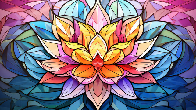 Stained glass window background with colorful Lotus abstract.	