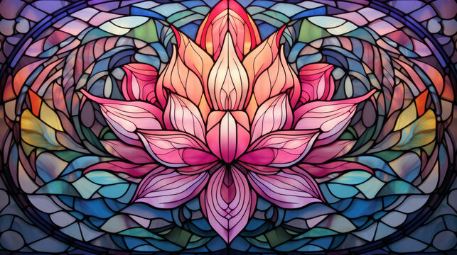 Stained glass window background with colorful Lotus abstract.	
