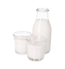 Glassware with tasty milk isolated on white