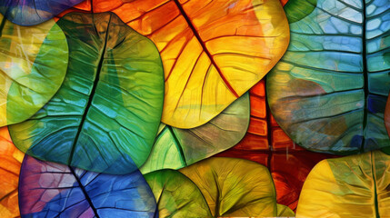 Stained glass window background with colorful Leaf and Flower abstract. - 692929233