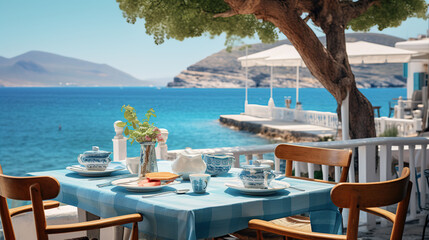 Authentic Greek Tavernas Serving Traditional Culinary Delights in a Coast - obrazy, fototapety, plakaty