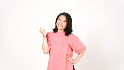 Young asian woman wearing pink t-shirt doing Yes and Celebration Gesture Isolated On White Background
