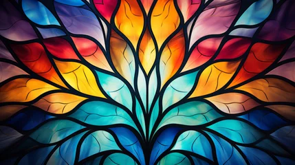 Fotobehang Stained glass window background with colorful Leaf and Flower abstract.  © soysuwan123