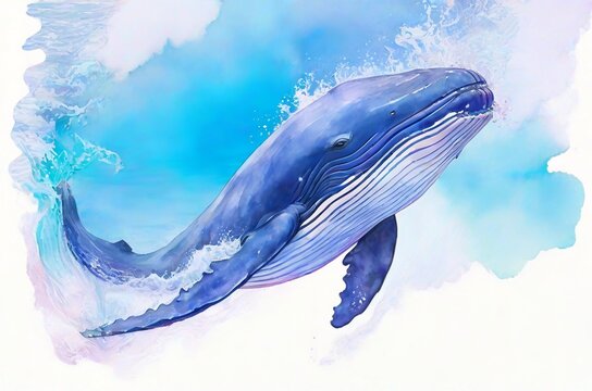 Watercolor painting whale sketch on a blue background. Illustration for posters, cards, T-shirt prints. AI generated