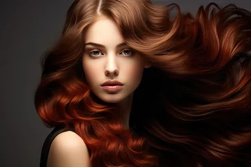 Fotobehang Hig Hair Wavy Long Woman Beautiful Portrait Brown salon shine model colouring curly luxury cosmetic luxurious care fashion wave styling healthy young shiny girl face colours person make-up beauty © sandra