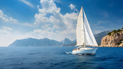 Obraz premium A sailboat playing in the middle of the blue sea during the daytime. and mountain background. Ai generate.
