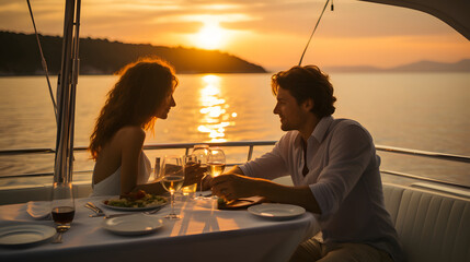 European lovers sitting on a yacht having dinner. They love each other every day, even if it's not...