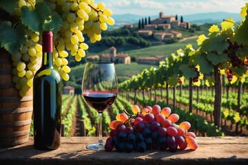 Toskana, Italien.: Wein und Trauben im Weinberg. - obrazy, fototapety, plakaty
