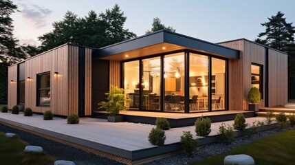 Modern prefabricated modular house from wood panels - obrazy, fototapety, plakaty