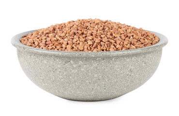 Raw buckwheat in bowl isolated on white