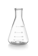 One empty laboratory flask isolated on white