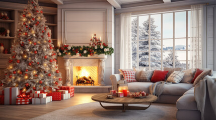 Interior of decorated living room with Christmas tree and comfortable sofa for family comeliness