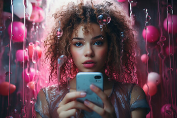 Portrait of a young beautiful woman with curly hair taking a selfie through the wet glass. Caucasian pretty female with wavy hair is taking a photo of herself with phone through mirror  - obrazy, fototapety, plakaty
