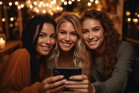 Three happy young best friends taking selfie photo together on a night out. Students smiling at camera in a restaurant. Front view of three beautiful women in the evening posing for social media