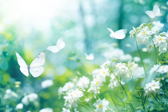 Forest glade with lots of white spring flowers and butterflies on a sunny day. Abstract summer nature background.