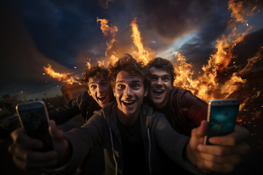 Three happy young best friends having fun taking selfie photo together. Teenage people smiling at camera on self portrait. Front view of men posing next to smoke and flames