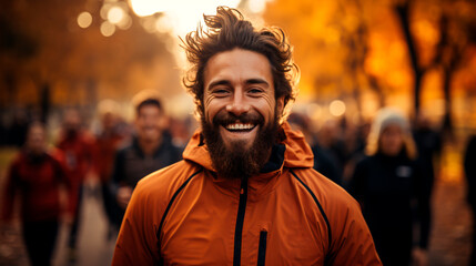 Fototapeta premium Happy Runner in Orange Gear Autumn Marathon