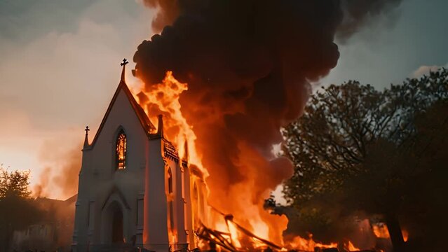 Church building burning. fire burning and smoke moving. Church with cross burns in flames at dark night. It is a tradition destroyed flames moving
