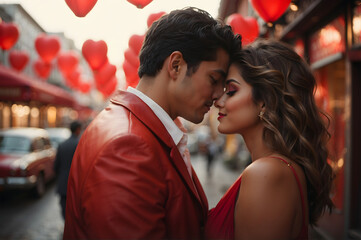 Fototapeta premium a couple leaning their foreheads against each other on valentine's day with hearts in the background