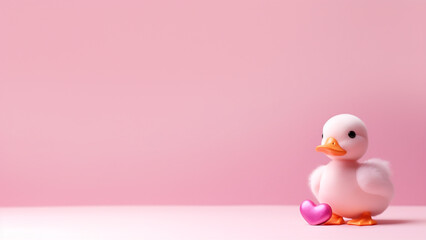  pink baby loving duck on a pink wallpaper, copy space