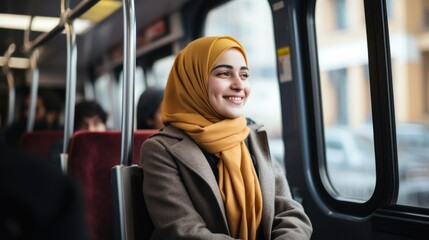 Muslim woman smiling in bus
