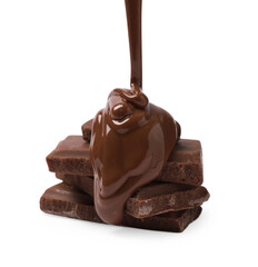 Pouring tasty milk chocolate paste onto pieces isolated on white