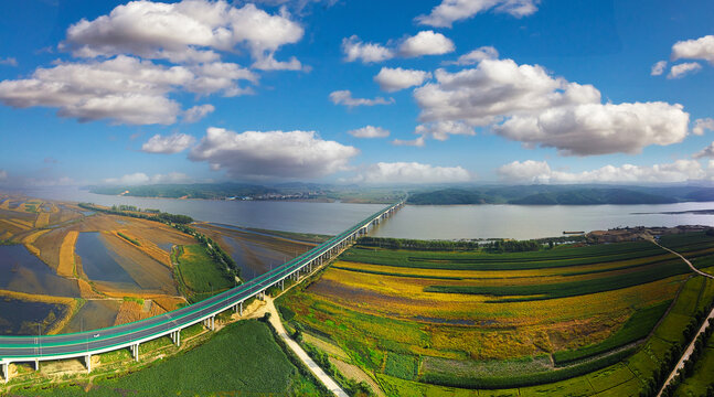Aerial photography of autumn scenery in Mulan section of the Songhua River
