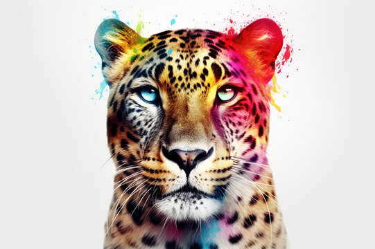 lion head in front, colorful smoke  on face, Lion and Cheetah close up face. ai generated