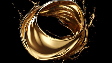 3d rendering round gold liquid splash metallic swirl
