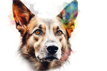portrait of a dog, dog head with creative colorful abstract elements on white background, Cartoon colorful dog with sunglasses on white background. Created with generative ai