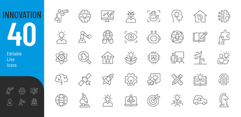 Innovations Editable Icons Set. Vector illustration in thin line style of modern developments icons: smart home, robotics, artificial intelligence, scientific developments, and more. Isolated on white - obrazy, fototapety, plakaty