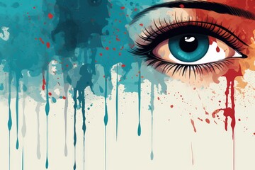 Beautiful female eye with splashes of paint. February 5 - 11: Sexual Abuse & Sexual Violence Awareness Week. - obrazy, fototapety, plakaty