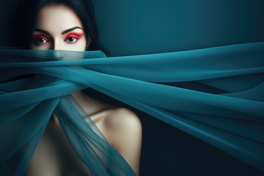 Young woman with blood red make-up restricted by blue cloth. February 5 - 11: Sexual Abuse & Sexual Violence Awareness Week.