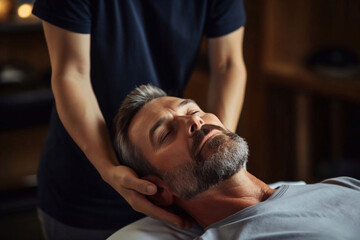 A physiotherapist works with a patient in the clinic, close-up. The masseuse massages the neck and head