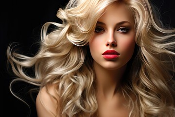 Girl Blonde Sexy Beautiful Hair Blond curly curl wavy young beauty woman make-up fashion styling cosmetic care portrait coiffure eyelash red eye dark lip face long skin FALSE model gloss white - obrazy, fototapety, plakaty