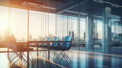 Beautiful blurred background image of a meeting room in a modern office with panoramic windows, business conference room tables with glass windows
