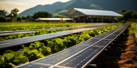 Sustainable Agriculture Concept with Solar Panels Among Green Crops on a Farm, Renewable Energy in Modern Farming, Eco-Friendly Agricultural Technology - obrazy, fototapety, plakaty