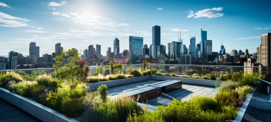Fotobehang Modern eco-friendly rooftop garden overlooking cityscape © thodonal