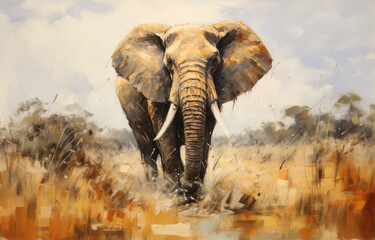 African elephant in the savannah, watercolor painting - obrazy, fototapety, plakaty