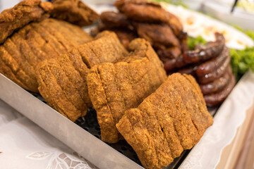 Close up view of a piece of crispy pork belly